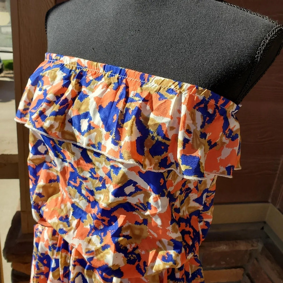 Papaya Women's Graphic Print Coral Blue Cream Strapless Romper Size Small - Picture 2 of 16